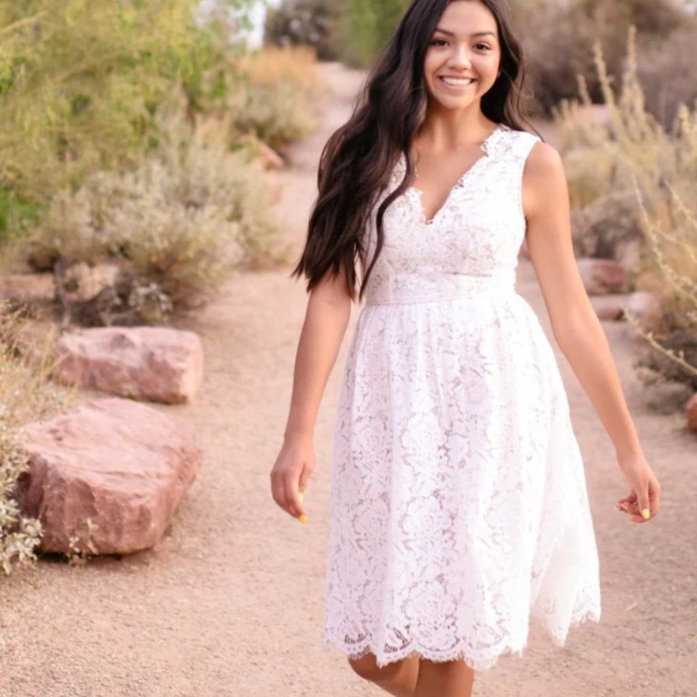 Lulu's Love Swept White Lace Midi Skater Dress